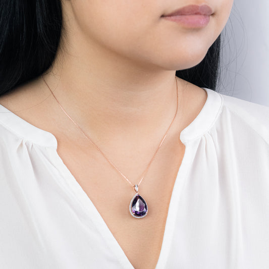 Pear Shape Amethyst and Diamond Pendant in 14K Rose Gold