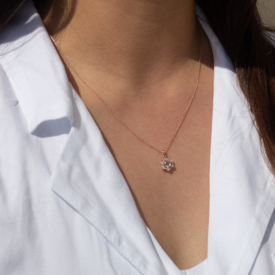 Lotus Flower Morganite Diamond Necklace in 14K Rose Gold (5mm)