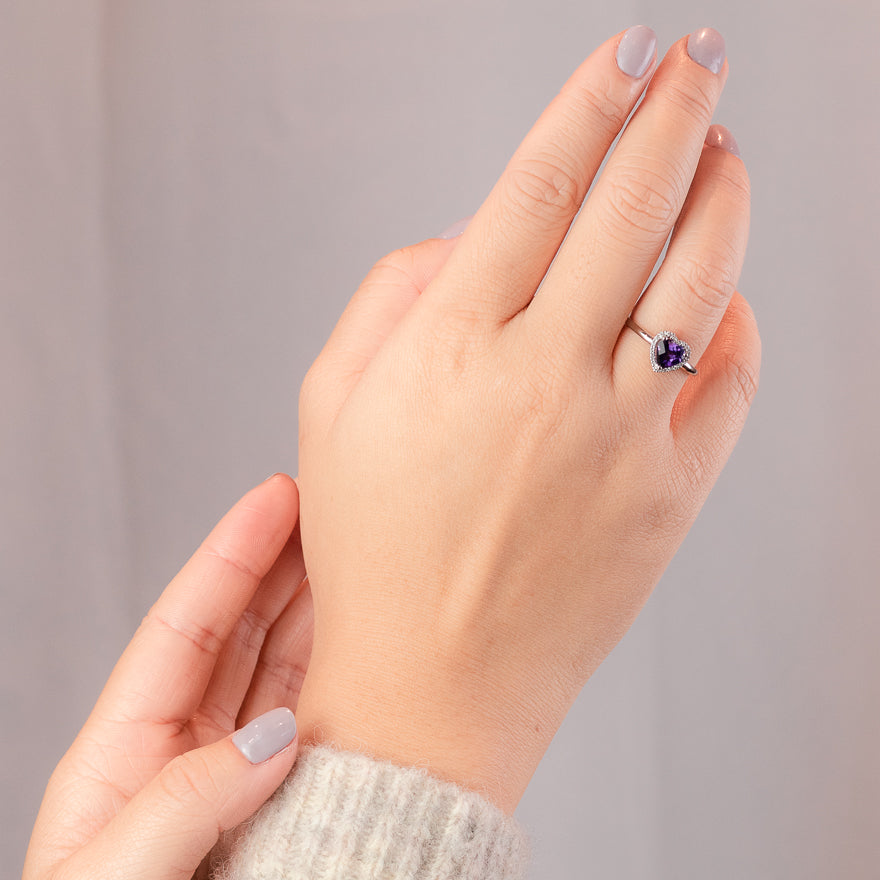 Heart Shaped Amethyst Ring Set 14K White Gold