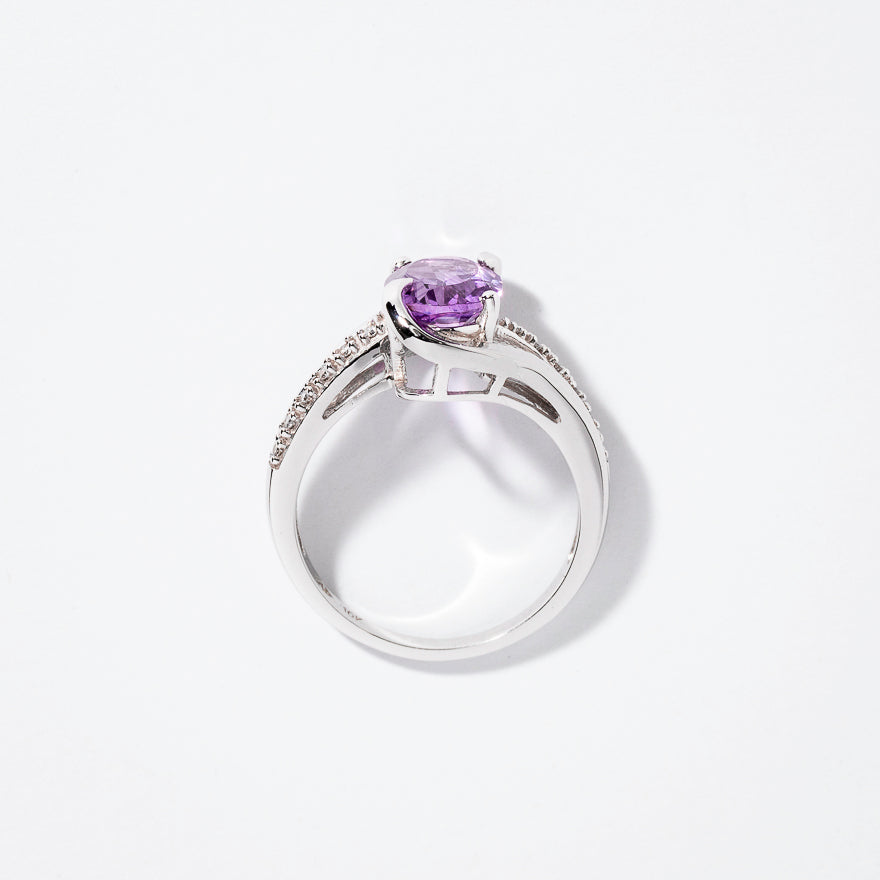 Oval Amethyst Ring With Diamond Accents 10K White Gold