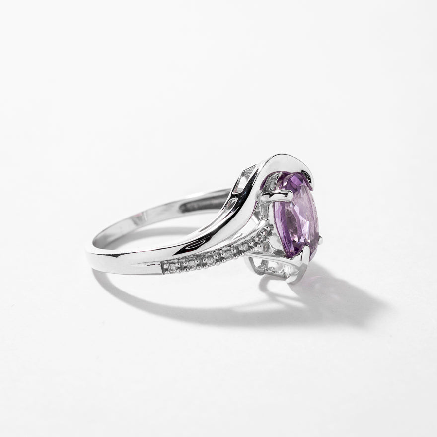 Oval Amethyst Ring With Diamond Accents 10K White Gold