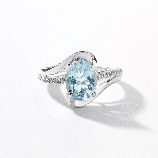 Oval Aquamarine Ring With Diamond Accents in 10K White Gold