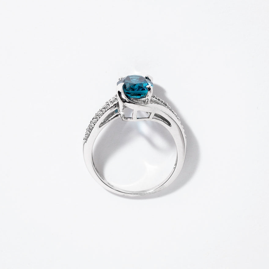 Oval Blue Topaz Ring With Diamond Accents 10K White Gold