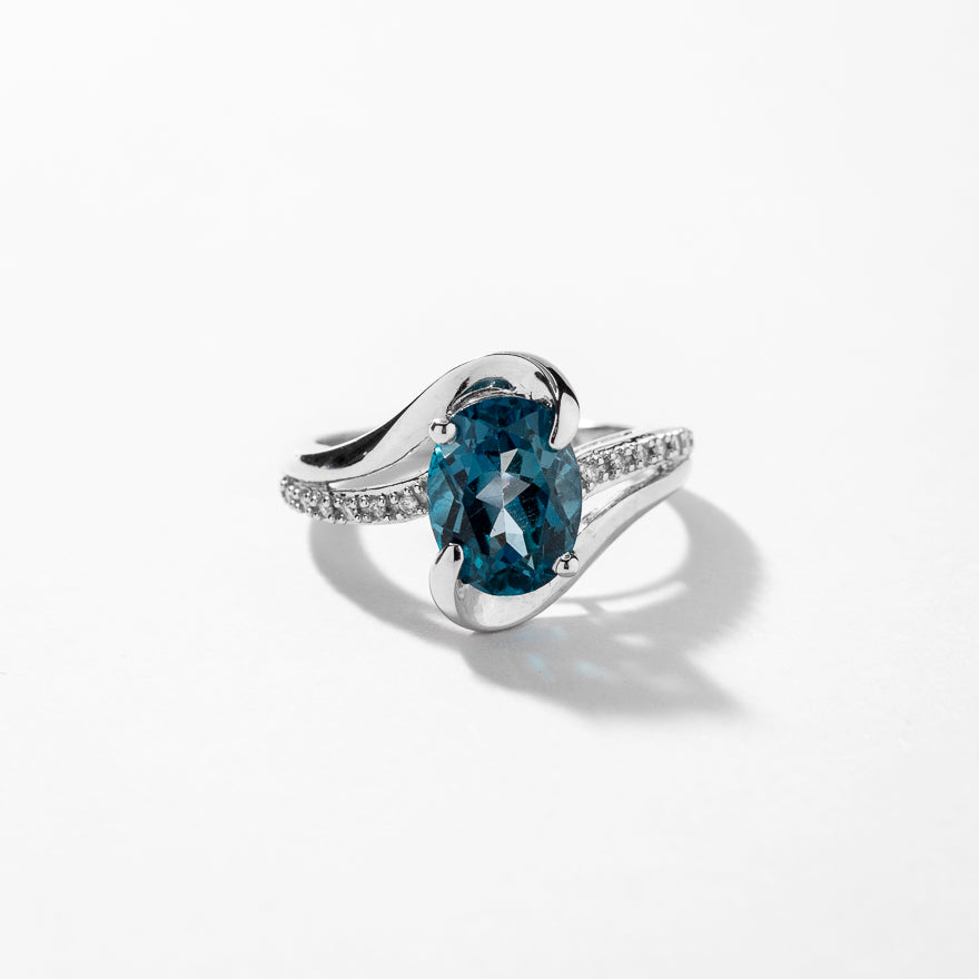 Oval Blue Topaz Ring With Diamond Accents 10K White Gold