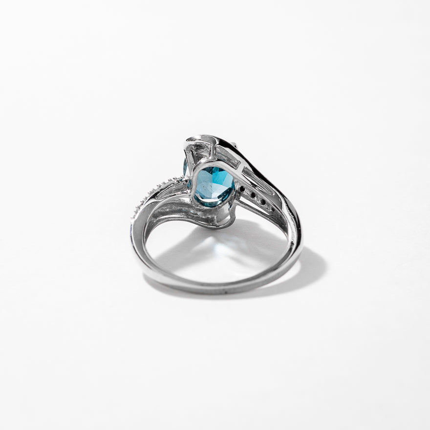 Oval Blue Topaz Ring With Diamond Accents 10K White Gold