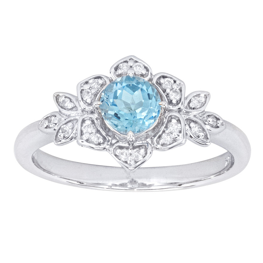 Round Blue Topaz and Diamond Ring in 14K White Gold (0.09ct tw)