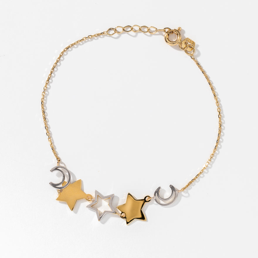 Star and Moon Bracelet in 10K Yellow and White Gold
