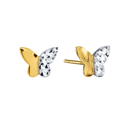 Butterfly Stud Earrings In 10K Yellow and White Gold