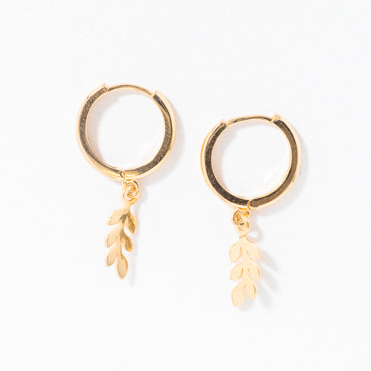 Olive Leaf Drop Hoop Earrings in 10K Yellow Gold