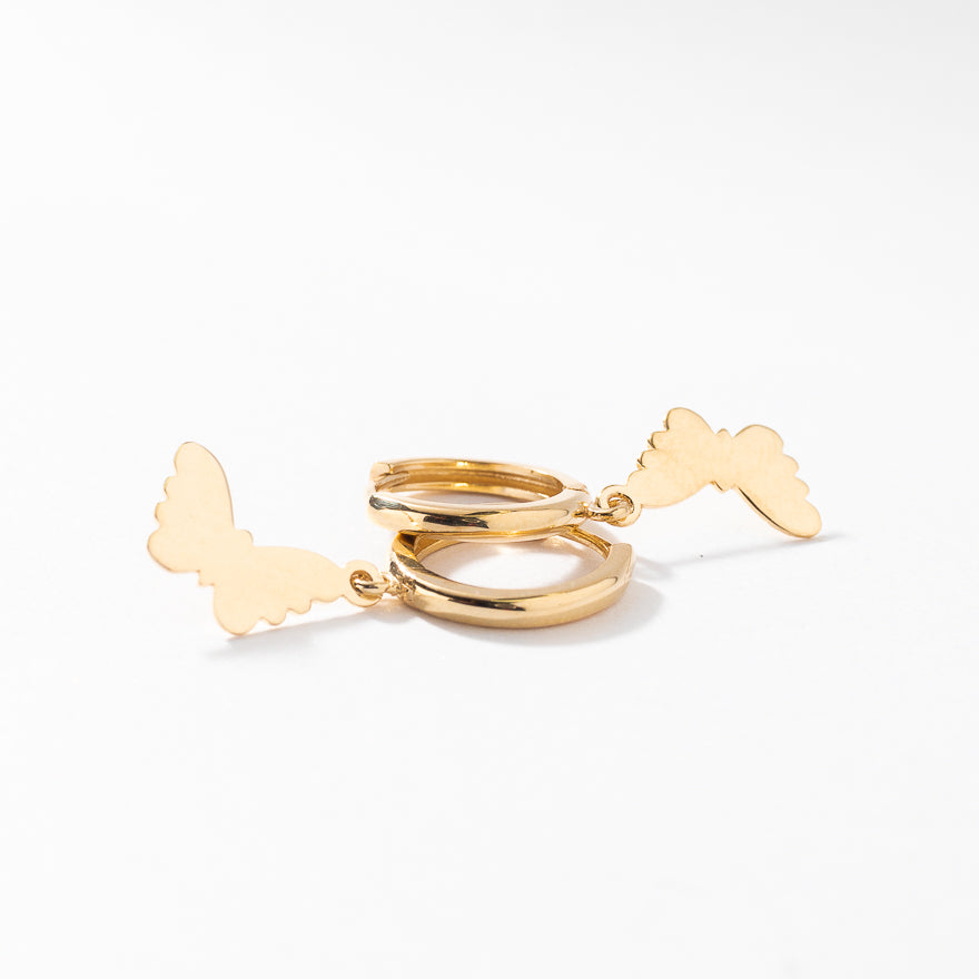 Butterfly Drop Hoop Earrings in 10K Yellow Gold