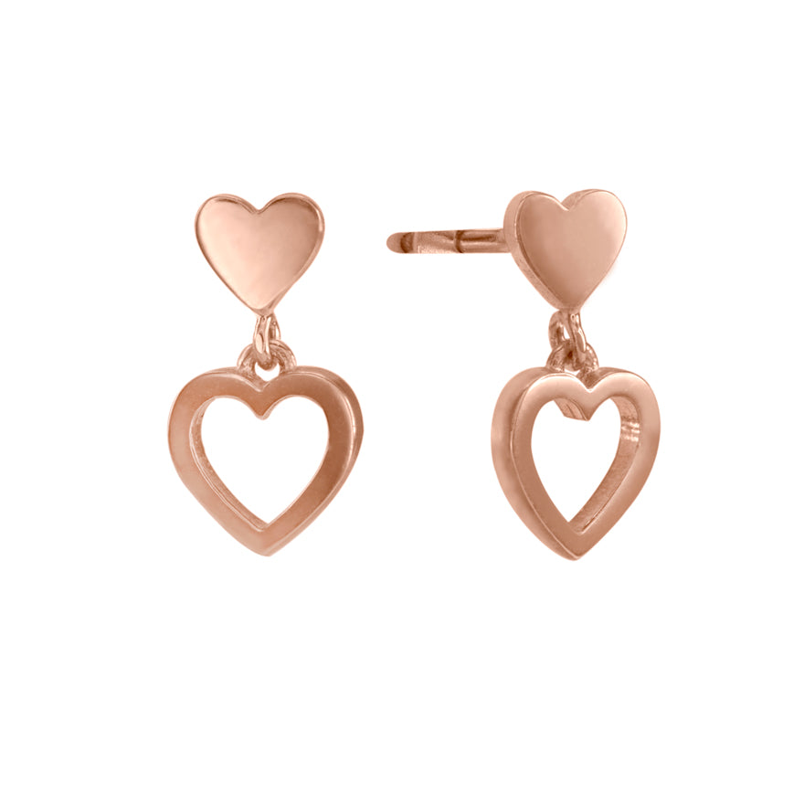 Double Heart Drop Earrings in 10K Rose Gold