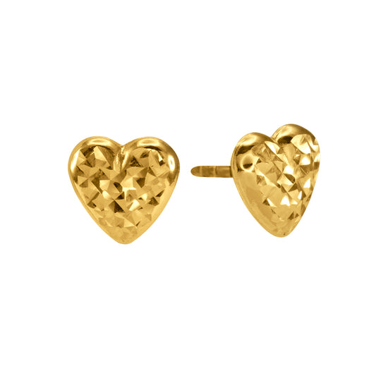 Puffed Heart Diamond Cut Stud Earrings in 10K Yellow Gold