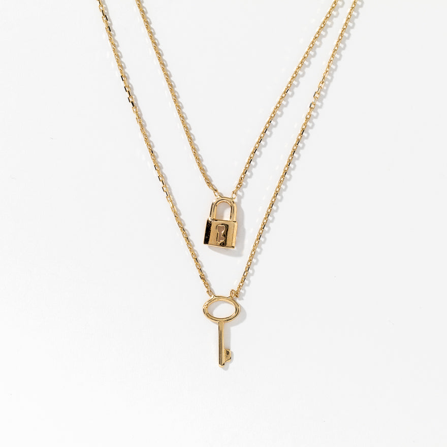 Lock and Key Double Strand Necklace in 10K Yellow Gold