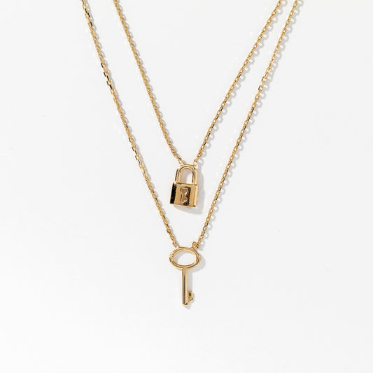 Lock and Key Double Strand Necklace in 10K Yellow Gold