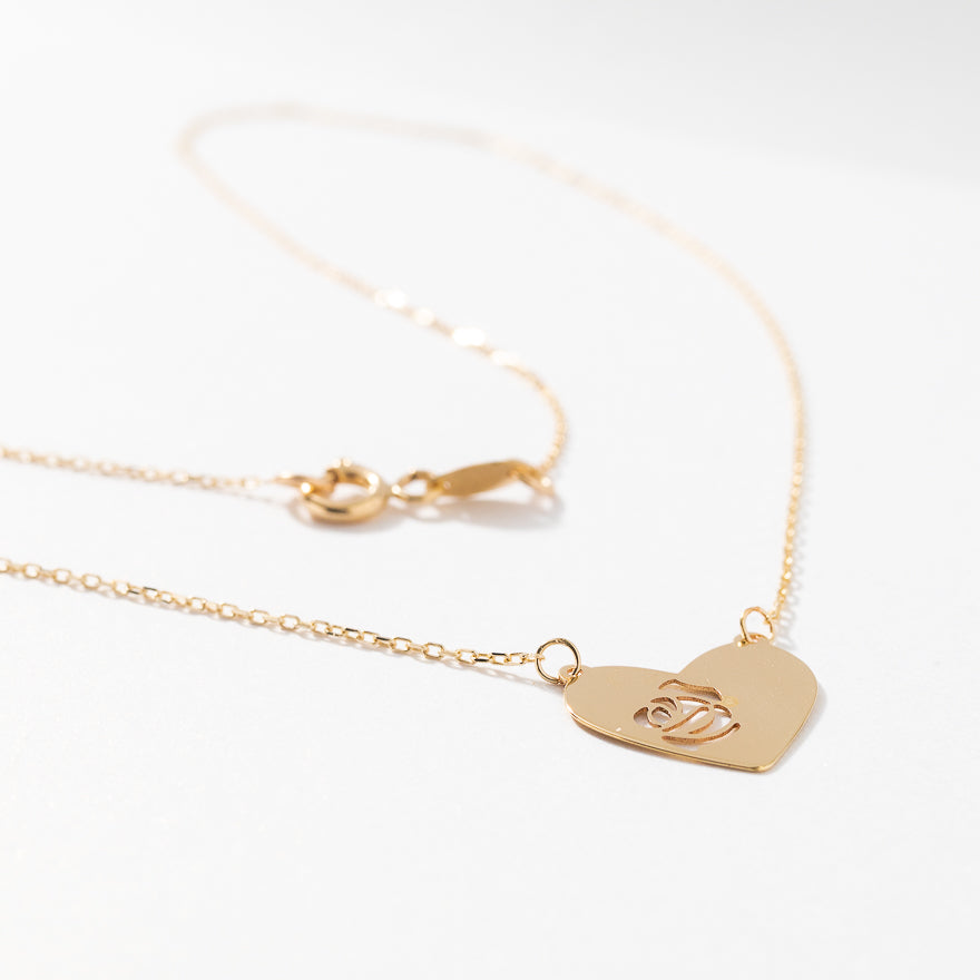 Heart Pendant Necklace With Open Rose Cut Out in 10K Yellow Gold