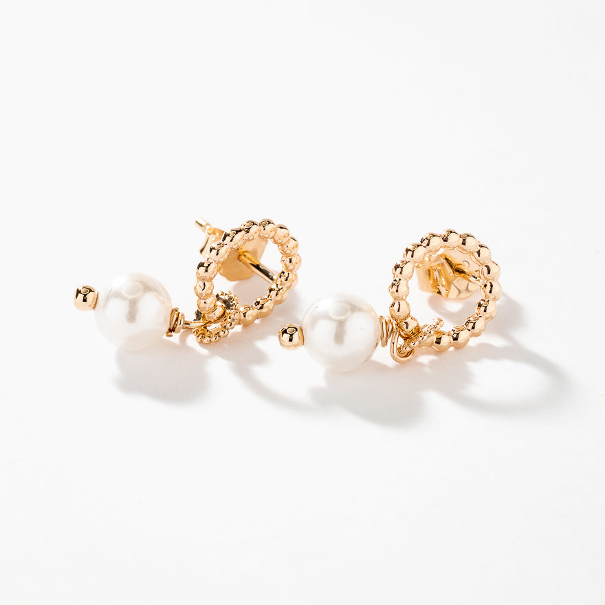 Open Circle Pearl Drop Stud Earrings In 10K Yellow Gold