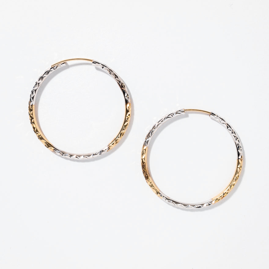 Diamond Cut Hoop Earrings in 10K Yellow and White Gold