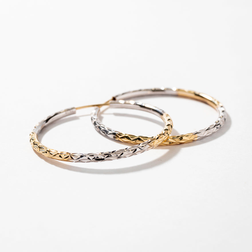 Diamond Cut Hoop Earrings in 10K Yellow and White Gold