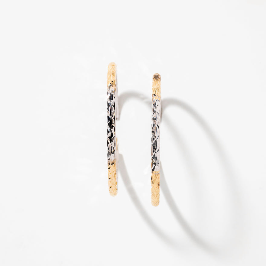 Diamond Cut Hoop Earrings in 10K Yellow and White Gold