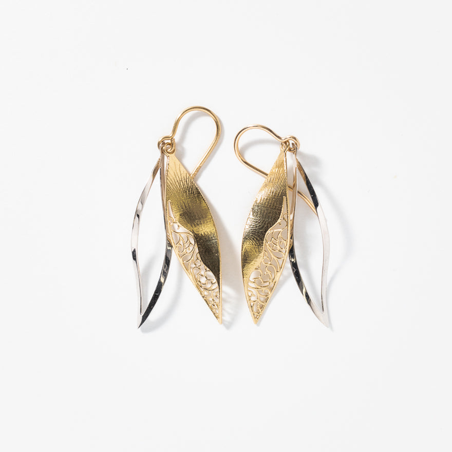 Open Leaf Cutout Drop Earrings in 10K Yellow and White Gold