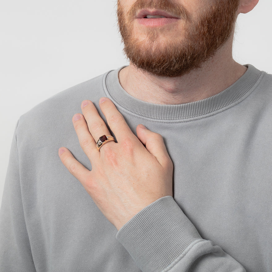 Men’s Garnet and Diamond Ring in 10K Yellow Gold