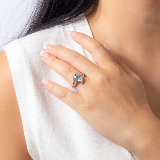 Oval Aquamarine Ring With Diamond Accents in 10K White Gold