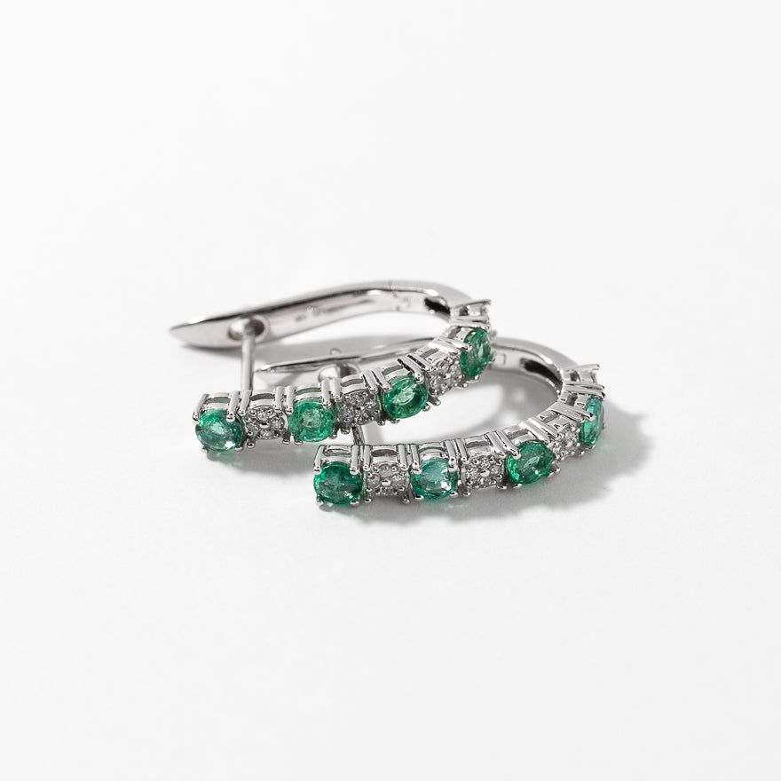 Emerald and Diamond Hoop Earrings in 10K White Gold