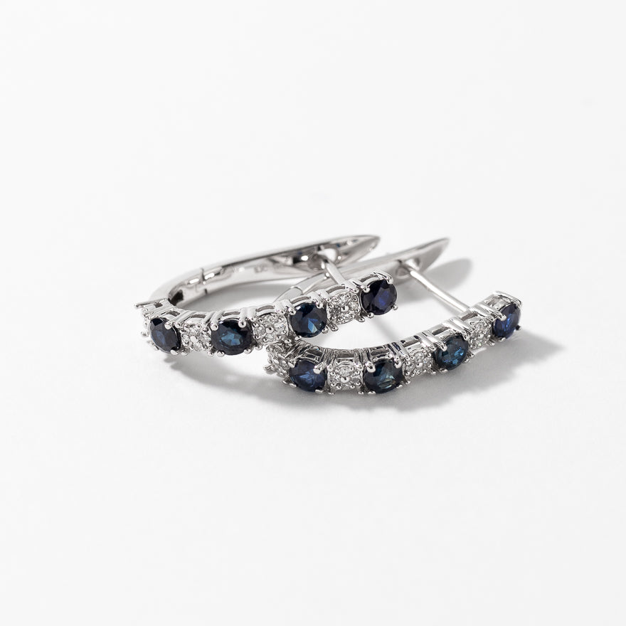 Sapphire and Diamond Hoop Earrings in 10K White Gold