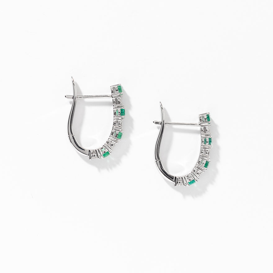 Emerald and Diamond Hoop Earrings in 10K White Gold