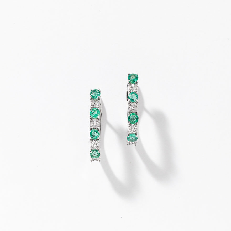 Emerald and Diamond Hoop Earrings in 10K White Gold