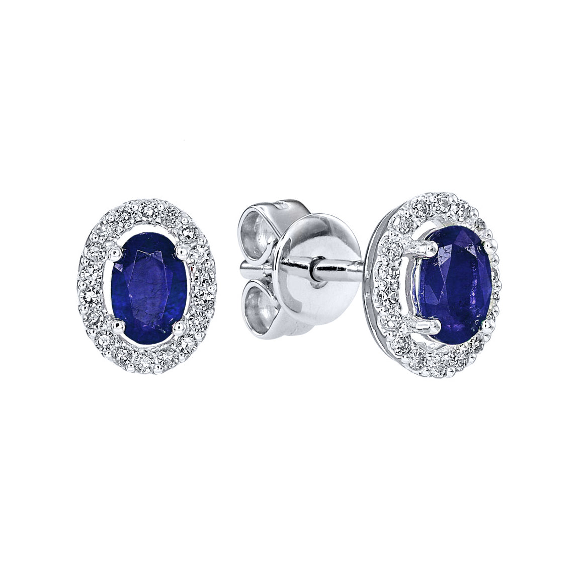 Oval Sapphire and Diamond Halo Earrings in 10K White Gold (0.21 ct