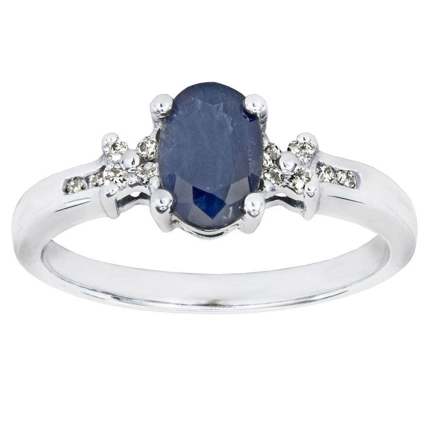 Oval Blue Sapphire and Diamond Ring in 10K White Gold (0.08ct tw)