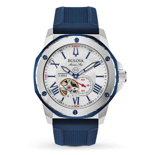 Bulova Men's Automatic Marine Star Watch With Blue Silicone Strap | 98A225
