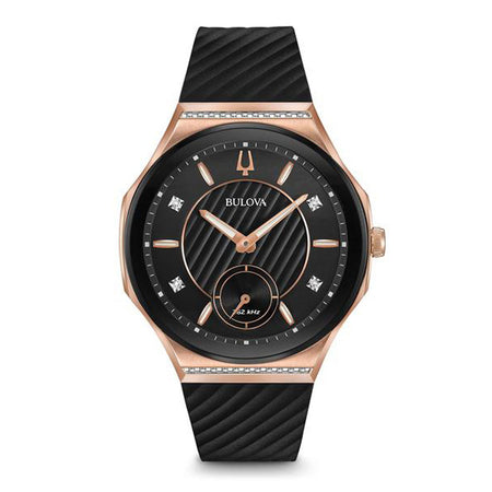 Bulova Ladies' Curv Rose Gold-Tone Black Rubber Strap Watch | 98R239