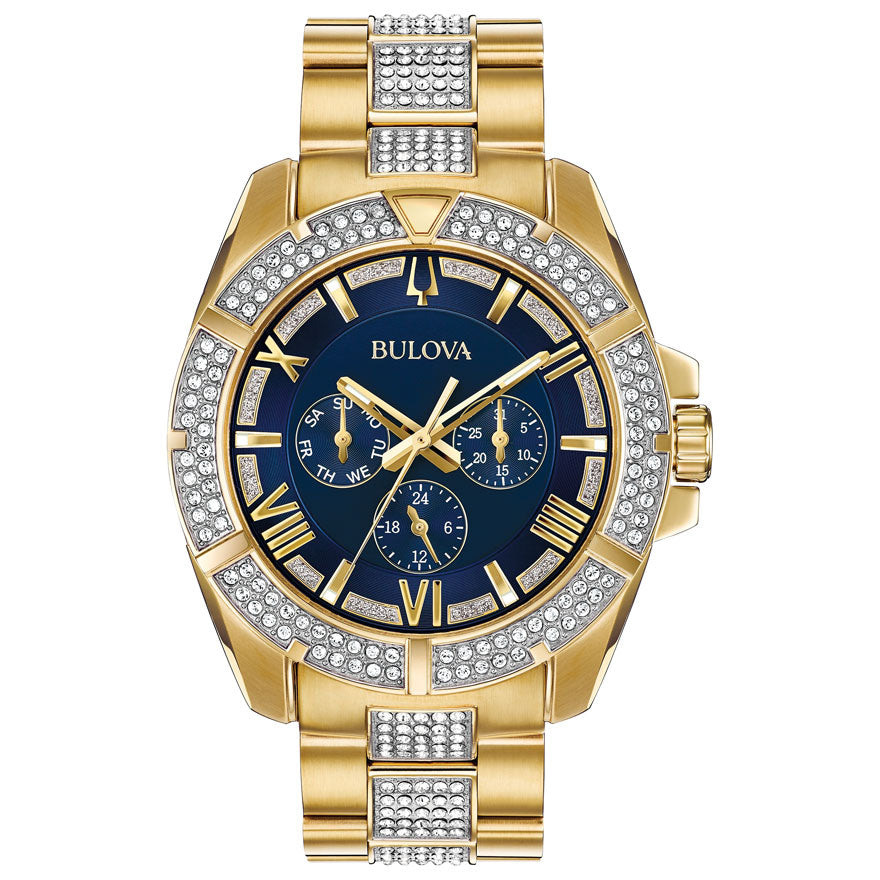 Bulova Men's Crystal Blue Dial Gold Tone Watch | 98C128