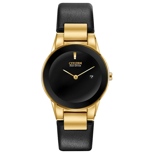 Citizen Axiom Ladies Eco-Drive Watch In Gold Tone Case and Black Leather Strap | GA1052-04E