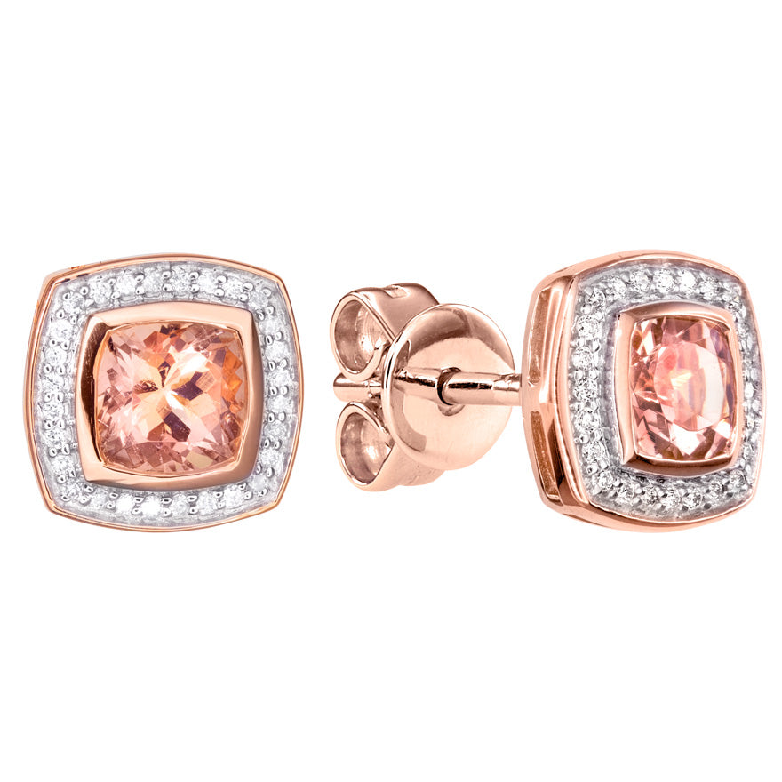 Morganite Diamond Round Square Shaped Earrings in 14K Rose Gold