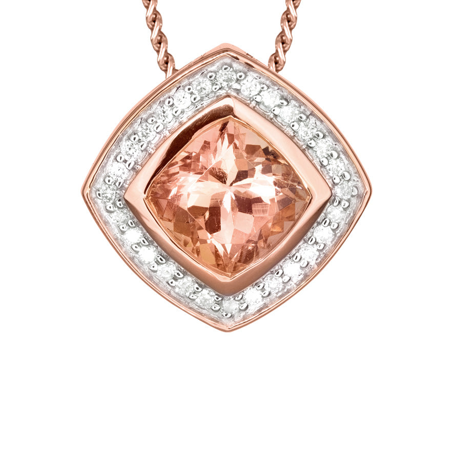 Morganite Diamond Round Square Shaped Necklace in 14K Rose Gold