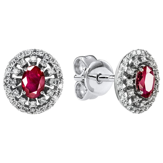 Oval Ruby (4x6mm) And Double Halo Diamond Earrings In 10K White Gold
