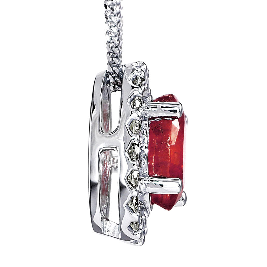 Oval Ruby and Diamond Halo Necklace in 10K White Gold (0.12ct tw)