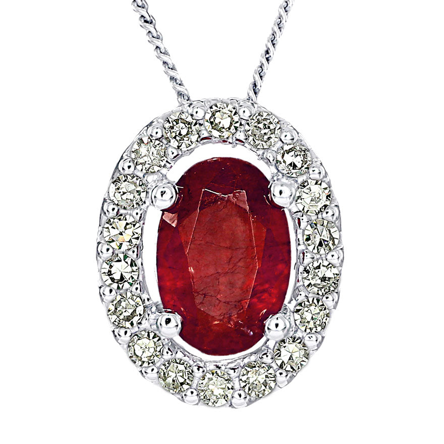 Oval Ruby and Diamond Halo Necklace in 10K White Gold (0.12ct tw)