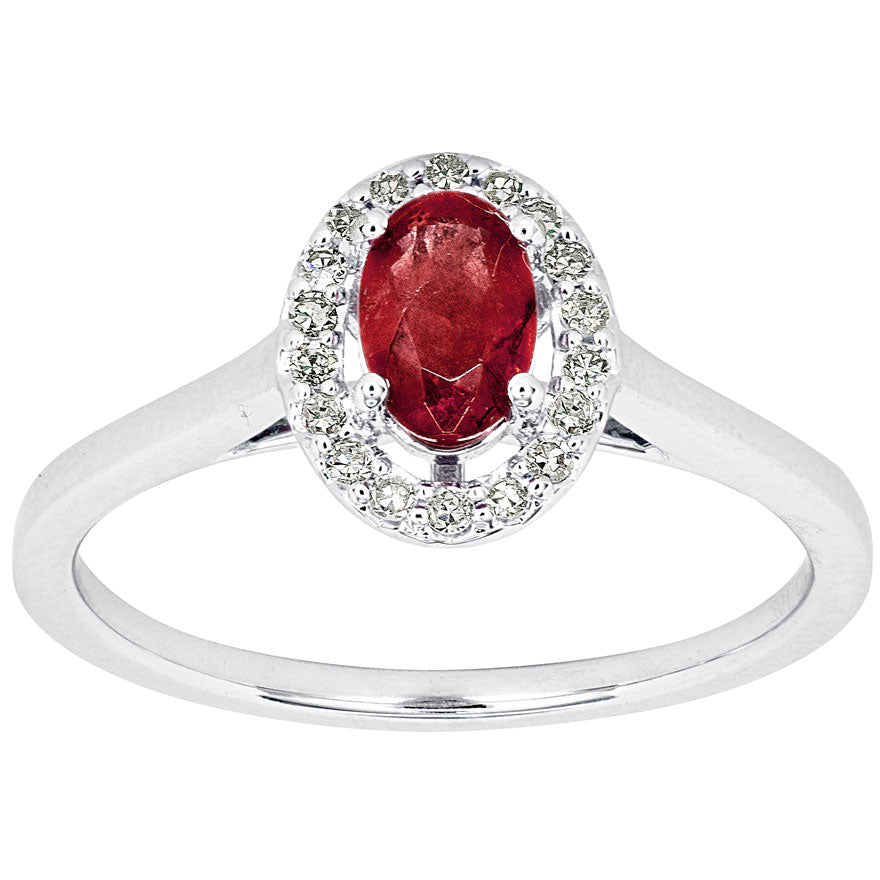 Oval Ruby and Diamond Halo Ring in 10K White Gold (0.12 ct tw)