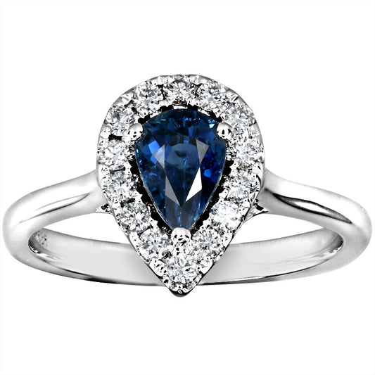 Pear Shape Sapphire and Diamond Halo Ring in 14K White Gold