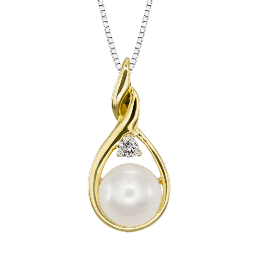 Pearl and Diamond Drop Necklace in 10K Yellow Gold