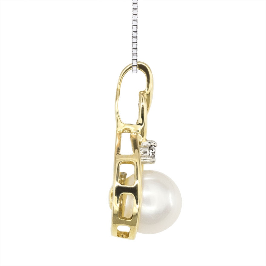 Pearl and Diamond Drop Necklace in 10K Yellow Gold (0.03ct tw)